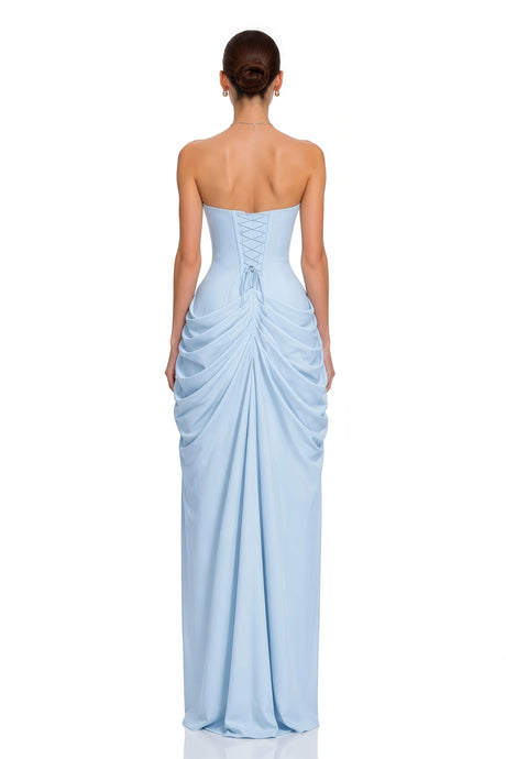 Perlina Maxi Dress Blue Ruched with Cross Front