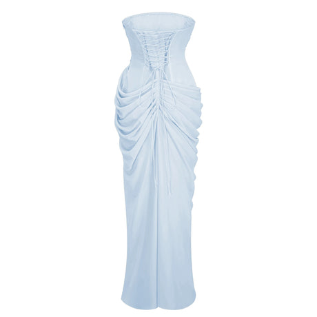 Perlina Maxi Dress Blue Ruched with Cross Front