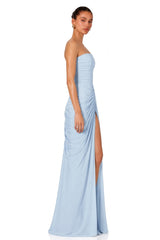 Safiya Blue Ruched Maxi Dress with Cross Front