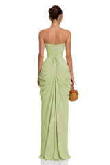 Safiya Green Ruched Maxi Dress with Cross Front