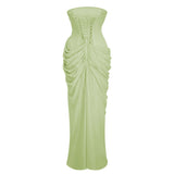 Safiya Green Ruched Maxi Dress with Cross Front