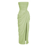 Safiya Green Ruched Maxi Dress with Cross Front