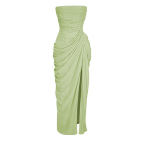 Safiya Green Ruched Maxi Dress with Cross Front