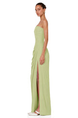 Safiya Green Ruched Maxi Dress with Cross Front