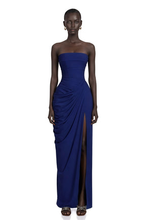 Safiya Navy Blue Ruched Maxi Dress with Cross Front