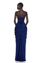 Safiya Navy Blue Ruched Maxi Dress with Cross Front