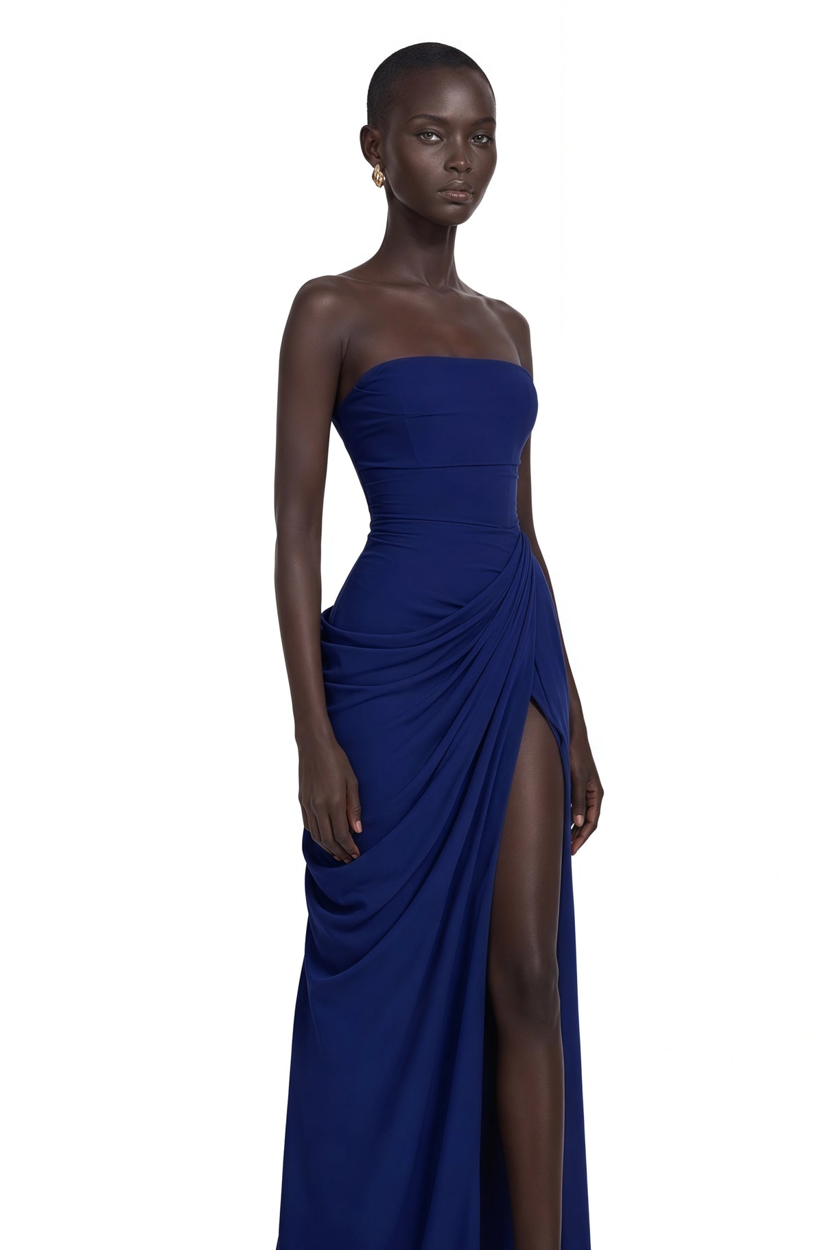 Safiya Navy Blue Ruched Maxi Dress with Cross Front