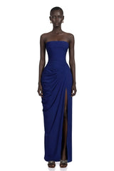 Safiya Navy Blue Ruched Maxi Dress with Cross Front