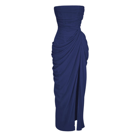 Tamara Maxi Dress Navy Blue Ruched with Cross Front