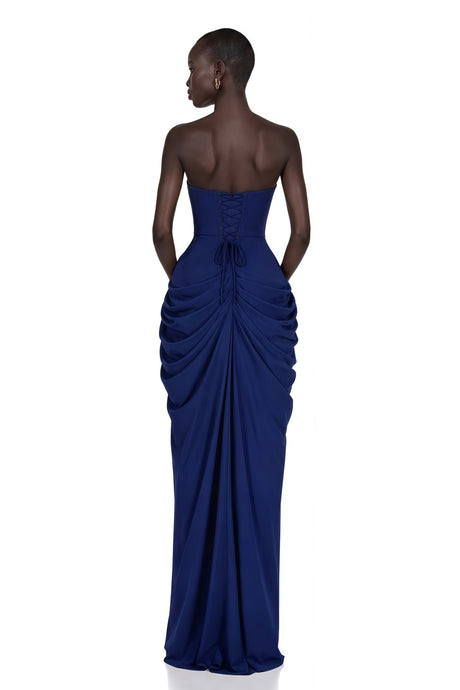 Tamara Maxi Dress Navy Blue Ruched with Cross Front