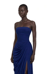 Safiya Navy Blue Ruched Maxi Dress with Cross Front