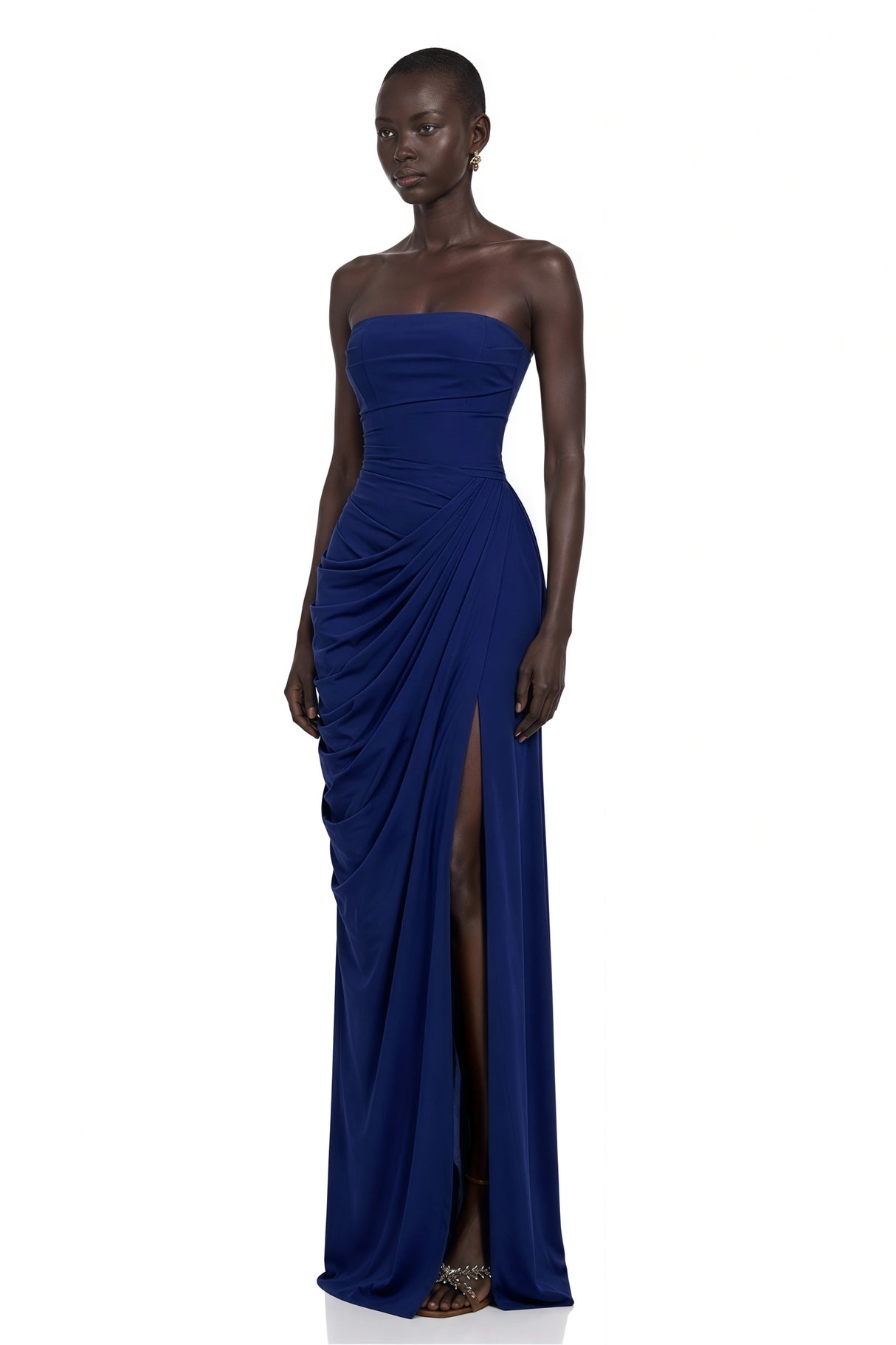 Safiya Navy Blue Ruched Maxi Dress with Cross Front