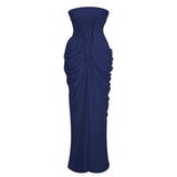 Safiya Navy Blue Ruched Maxi Dress with Cross Front