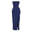 Safiya Navy Blue Ruched Maxi Dress with Cross Front