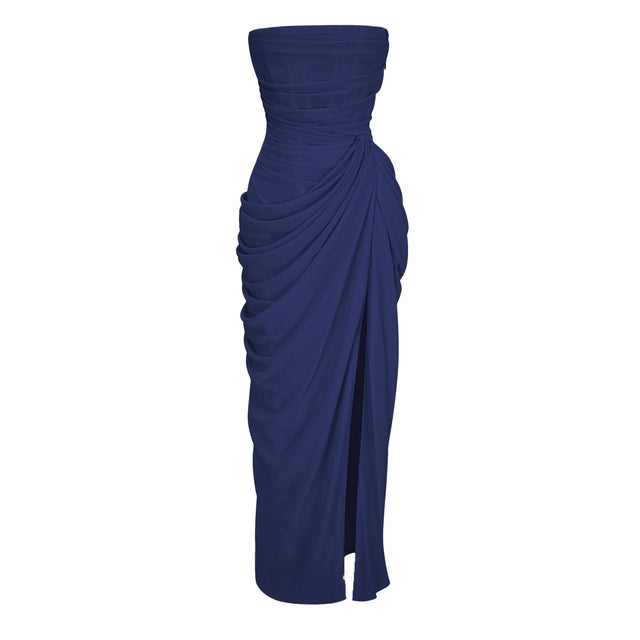 Safiya Navy Blue Ruched Maxi Dress with Cross Front