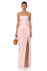 Safiya Pink Ruched Maxi Dress with Cross Front