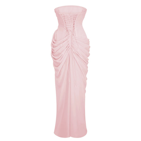 Renata Maxi Dress Pink Ruched with Cross Front