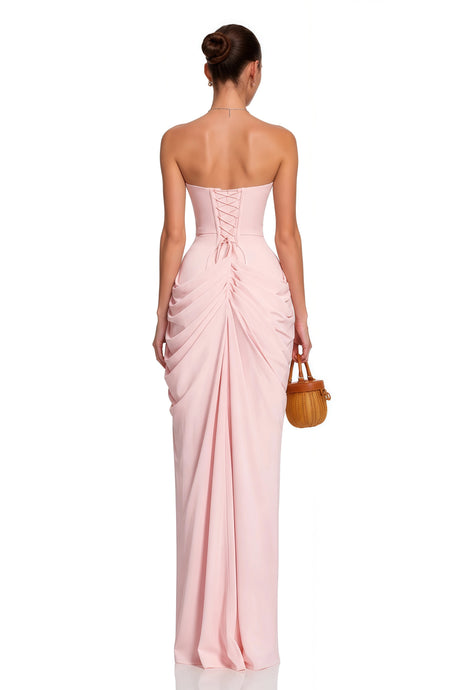Renata Maxi Dress Pink Ruched with Cross Front