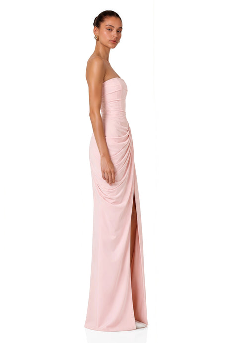 Renata Maxi Dress Pink Ruched with Cross Front