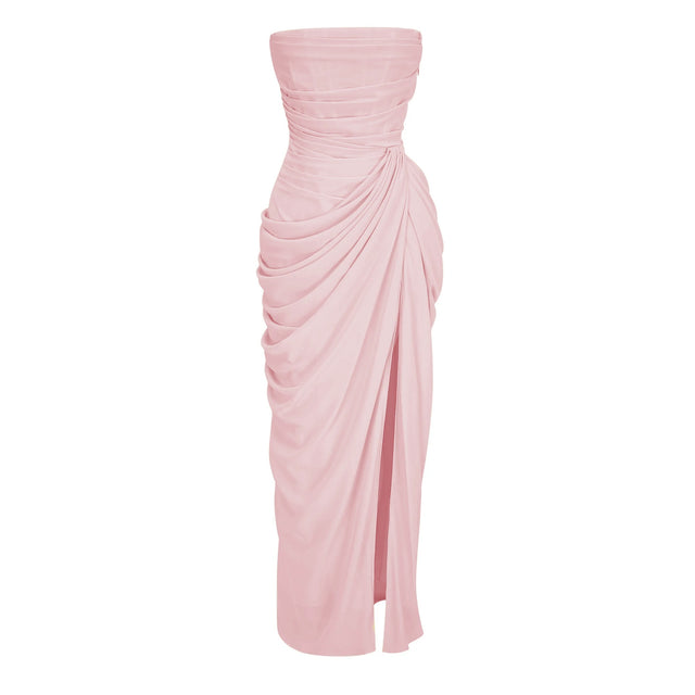 Safiya Pink Ruched Maxi Dress with Cross Front