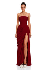 Safiya Red Ruched Maxi Dress with Cross Front