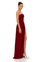 Safiya Red Ruched Maxi Dress with Cross Front