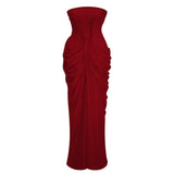 Safiya Red Ruched Maxi Dress with Cross Front