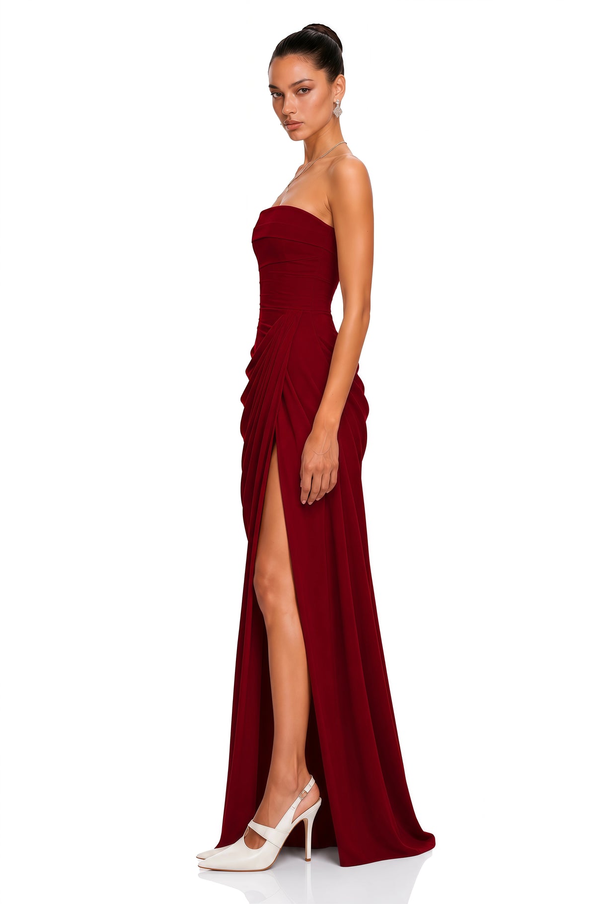 Safiya Red Ruched Maxi Dress with Cross Front