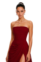 Safiya Red Ruched Maxi Dress with Cross Front