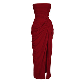 Safiya Red Ruched Maxi Dress with Cross Front