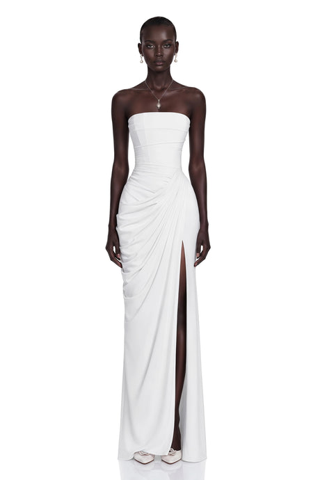 Laura Maxi Dress White Ruched with Cross Front
