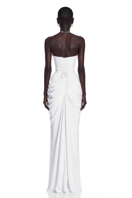 Laura Maxi Dress White Ruched with Cross Front