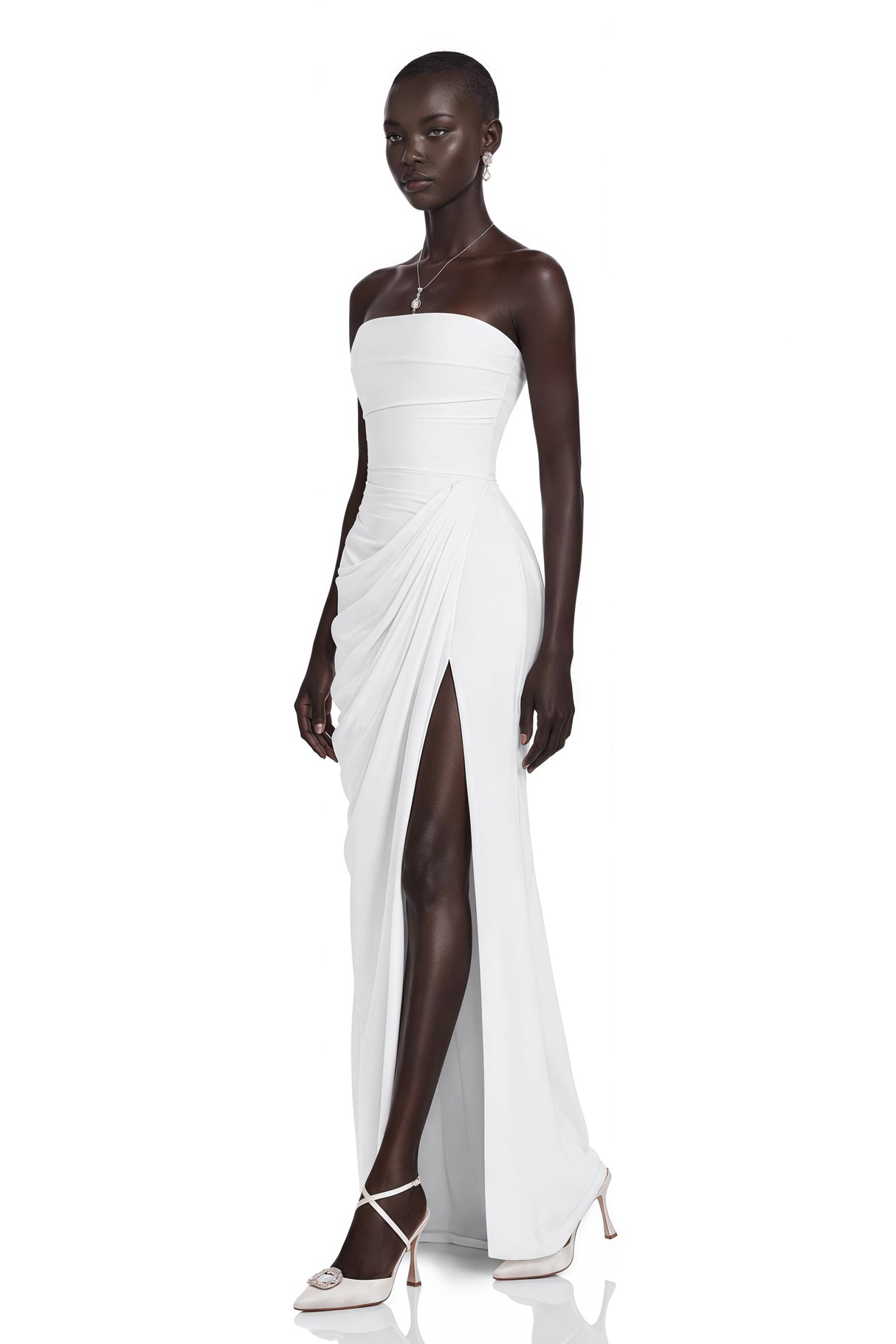Safiya White Ruched Maxi Dress with Cross Front