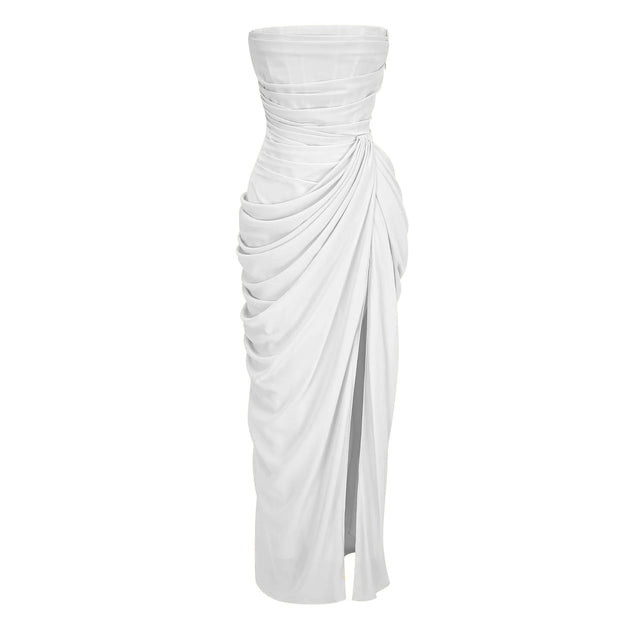 Safiya White Ruched Maxi Dress with Cross Front