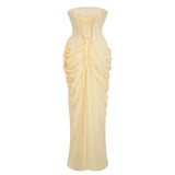 Safiya Yellow Ruched Maxi Dress with Cross Front