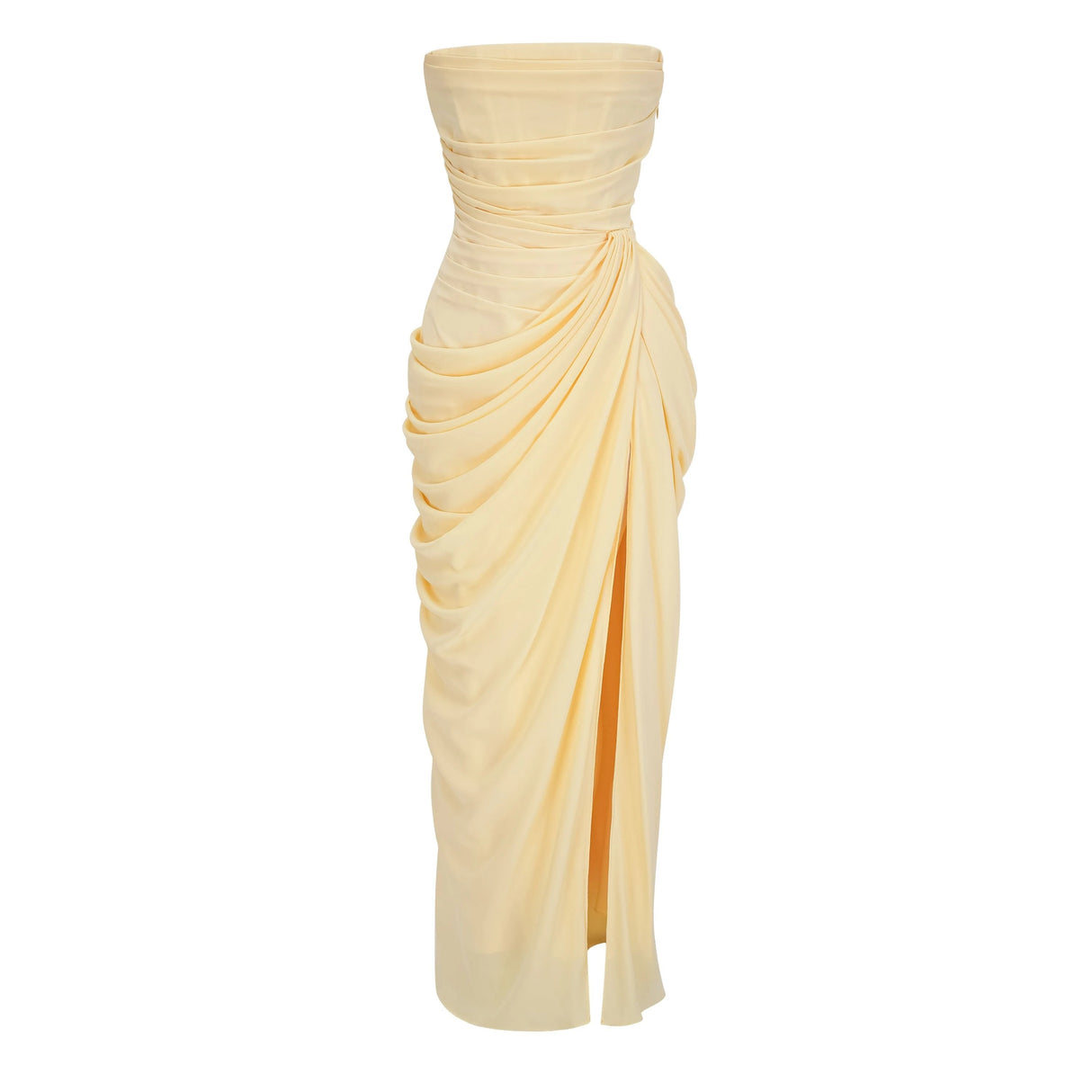 Safiya Yellow Ruched Maxi Dress with Cross Front