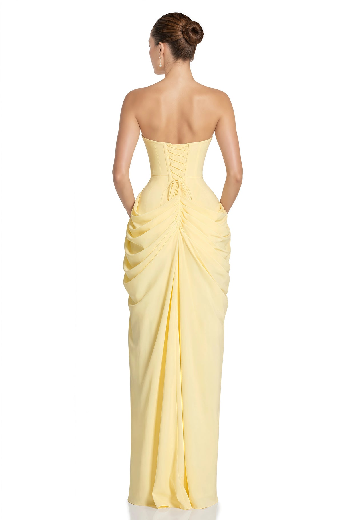 Safiya Yellow Ruched Maxi Dress with Cross Front