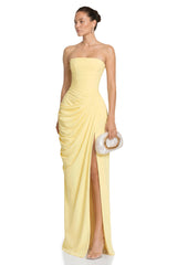 Safiya Yellow Ruched Maxi Dress with Cross Front