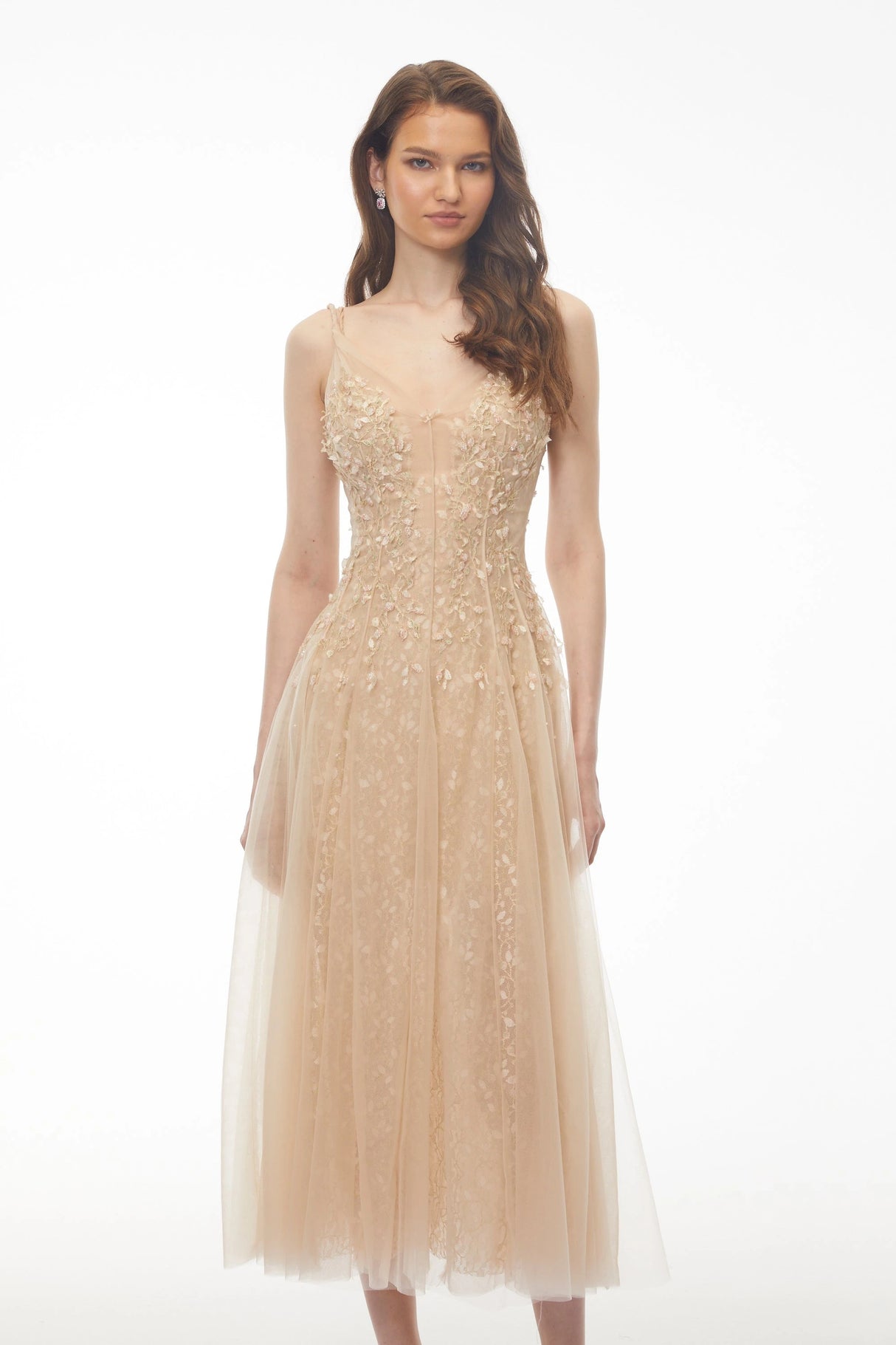 Saga Neutral Pleated Maxi Dress with 3D Petals