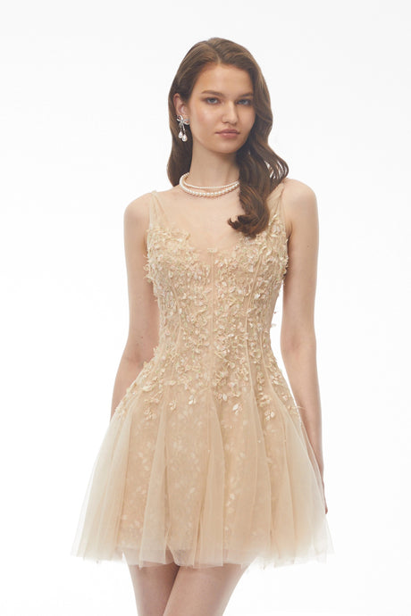 Mariavittoria Mini Dress Neutral Pleated with 3D Petals