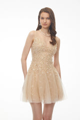 Saga Neutral Pleated Mini Dress with 3D Petals