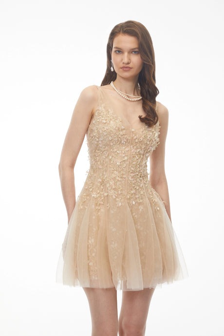 Mariavittoria Mini Dress Neutral Pleated with 3D Petals
