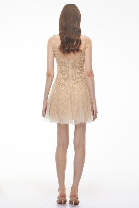 Mariavittoria Mini Dress Neutral Pleated with 3D Petals