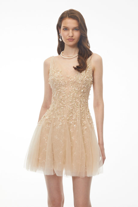 Mariavittoria Mini Dress Neutral Pleated with 3D Petals