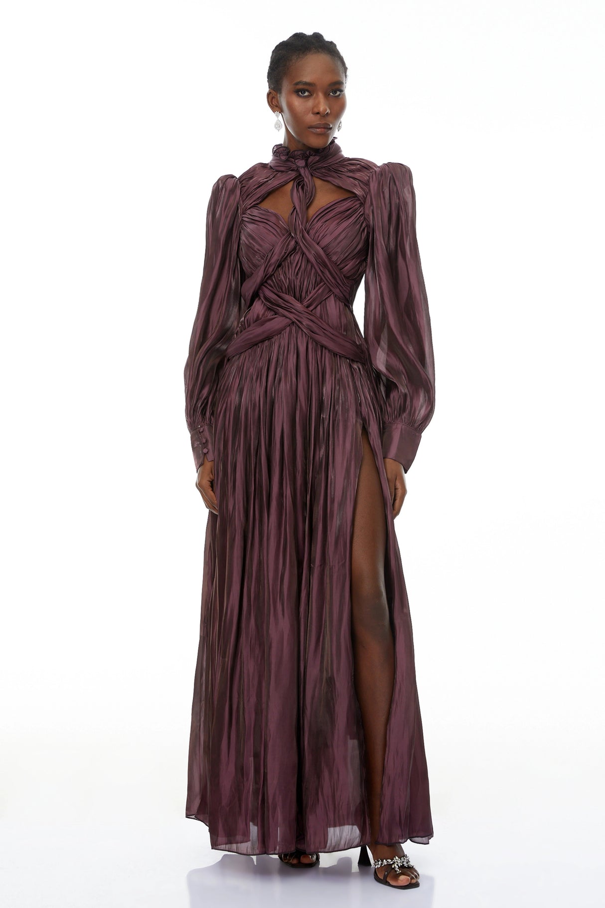 Sage Brown Crossed Design Maxi Dress