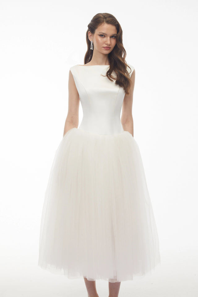Salma White Pleated Flared Midi Dress