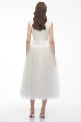 Salma White Pleated Flared Midi Dress