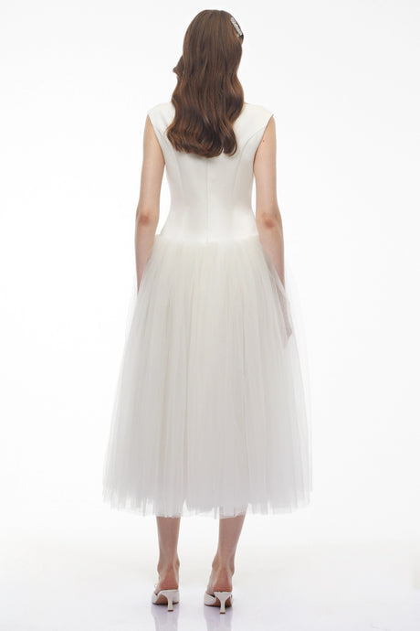 Samantha Midi Dress White Pleated Flared