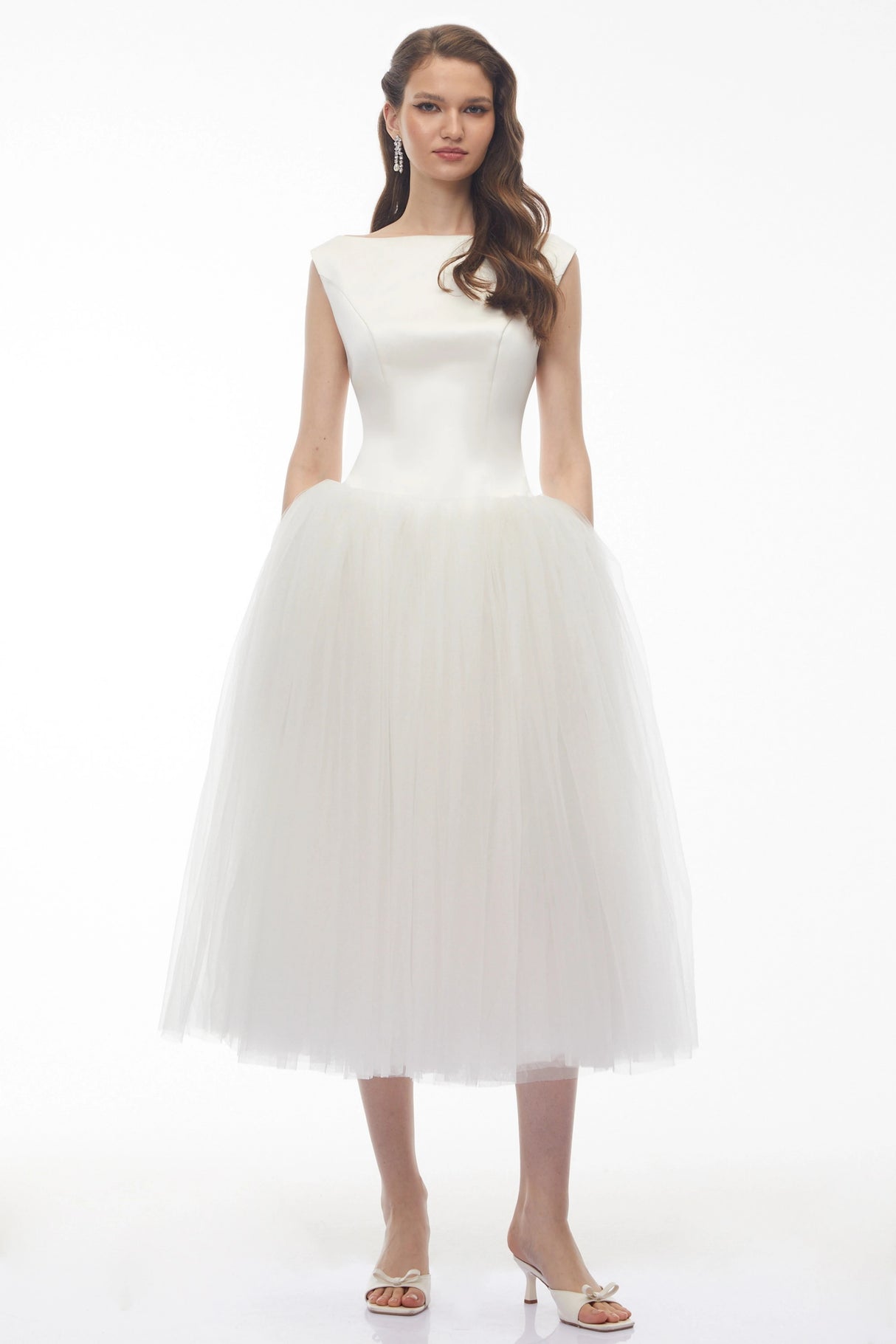 Salma White Pleated Flared Midi Dress