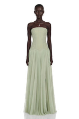 Salome Green Off Shoulder Pleated Maxi Dress